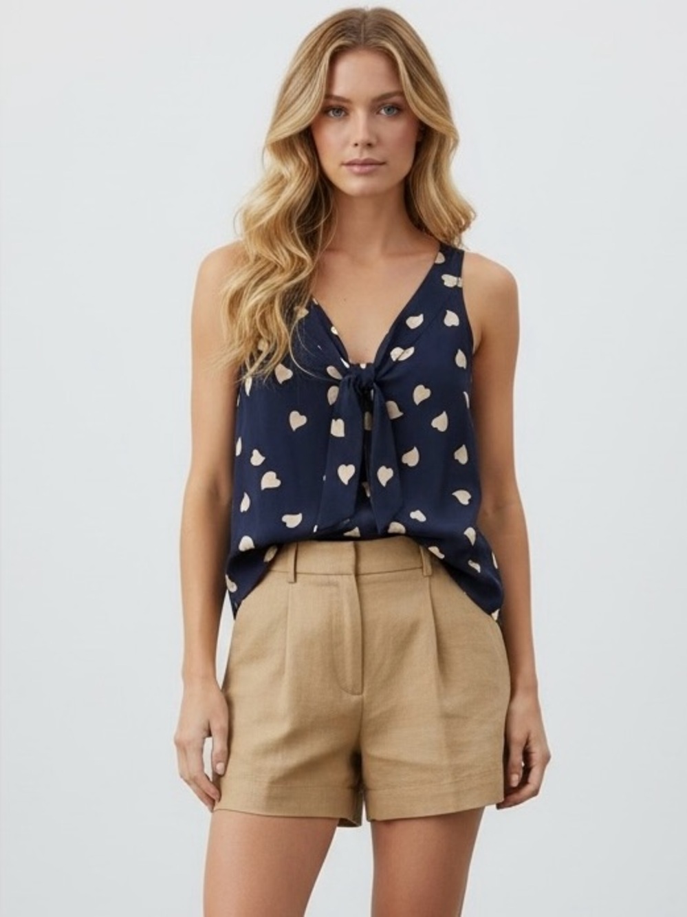 Tory Burch Silk Navy Heart-Print Tie-Front Sleeveless Camisole